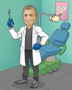 A cartoon of a dentist holding a pair of blue gloves.