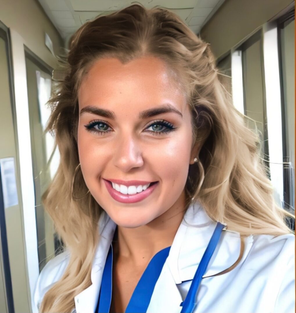 A woman in white lab coat smiling for the camera.