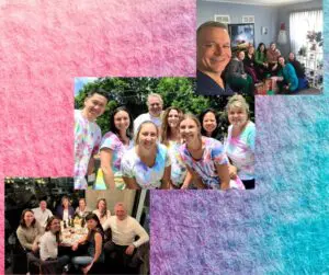 Group photo of people wearing tie dye shirts.